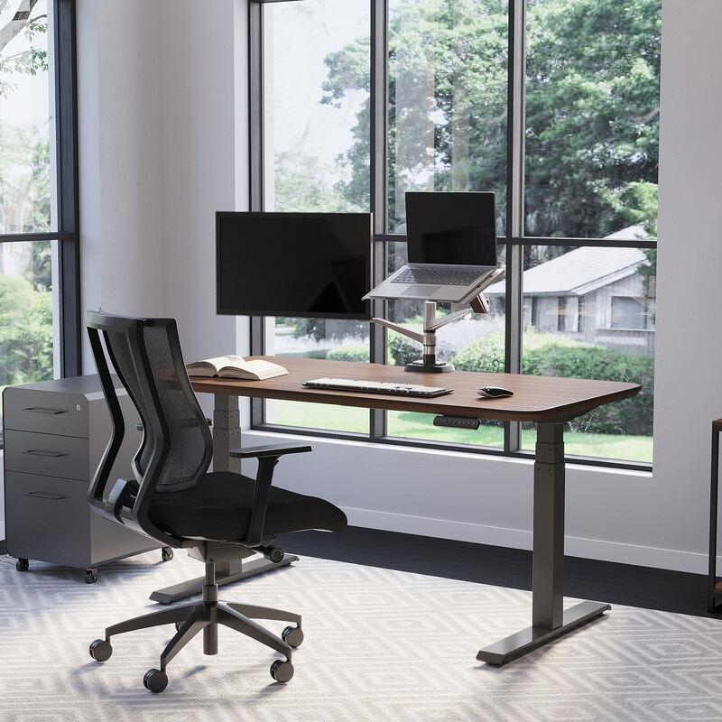 Electric Standing Desk 60x30 light wood with slate legs in lowered position at home image number null